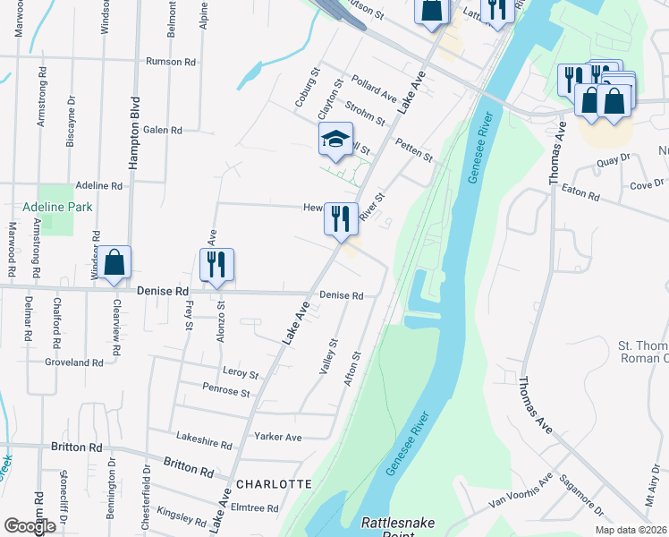 map of restaurants, bars, coffee shops, grocery stores, and more near 92 Denise Road in Rochester