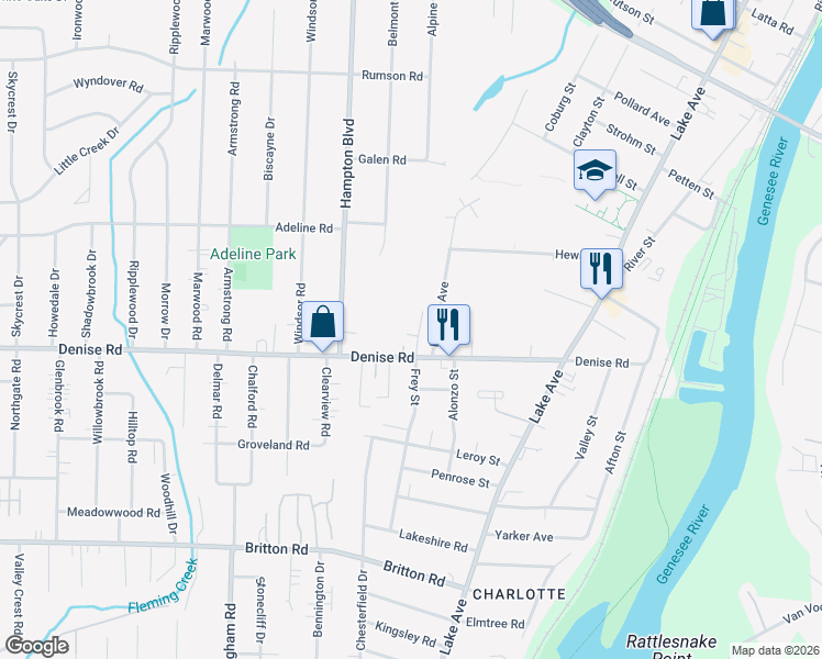 map of restaurants, bars, coffee shops, grocery stores, and more near 326 Denise Road in Rochester