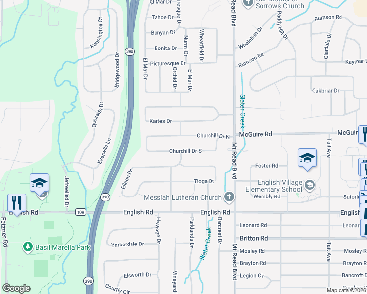 map of restaurants, bars, coffee shops, grocery stores, and more near 11 Eileen Drive in Rochester