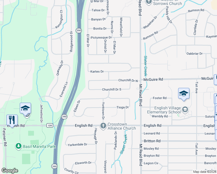 map of restaurants, bars, coffee shops, grocery stores, and more near 11 Eileen Drive in Rochester