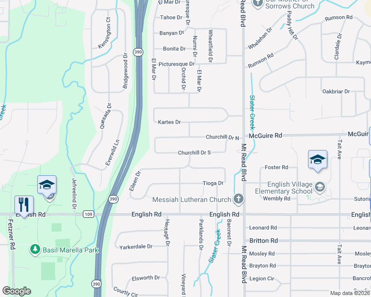 map of restaurants, bars, coffee shops, grocery stores, and more near 11 Eileen Drive in Rochester