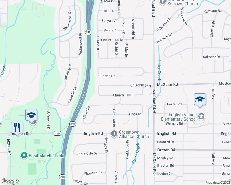 map of restaurants, bars, coffee shops, grocery stores, and more near 11 Eileen Drive in Rochester