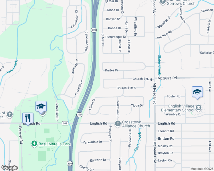 map of restaurants, bars, coffee shops, grocery stores, and more near 333 Churchill Drive in Rochester