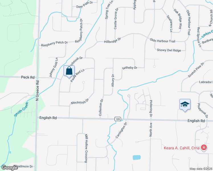 map of restaurants, bars, coffee shops, grocery stores, and more near 37 Albury Drive in Rochester