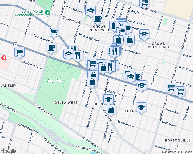 map of restaurants, bars, coffee shops, grocery stores, and more near in Hamilton