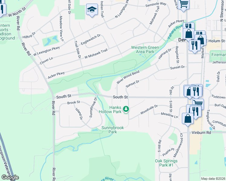 map of restaurants, bars, coffee shops, grocery stores, and more near 608 South Street in DeForest