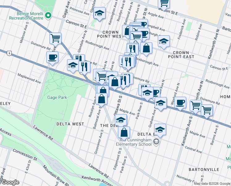 map of restaurants, bars, coffee shops, grocery stores, and more near 1 Grosvenor Avenue South in Hamilton