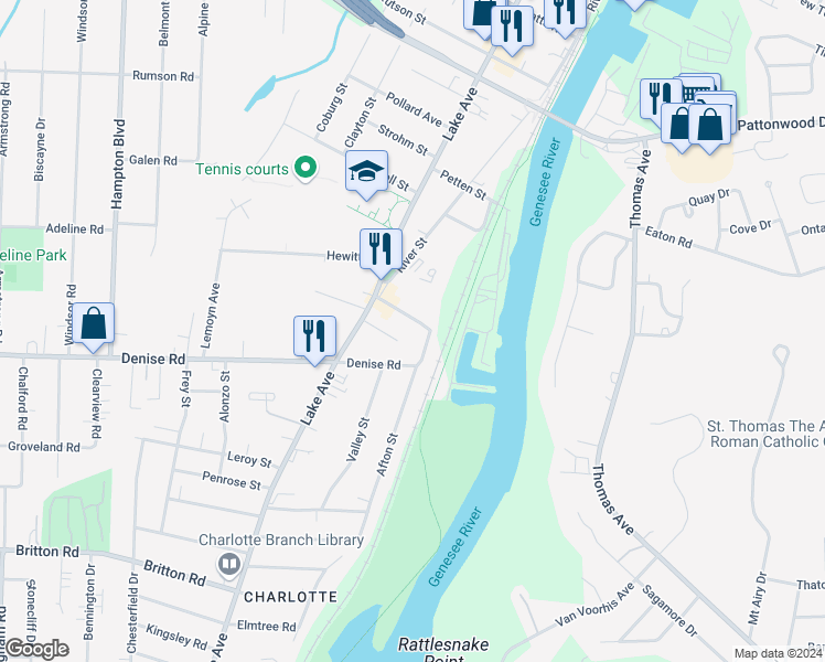 map of restaurants, bars, coffee shops, grocery stores, and more near 61 Saint Johns Park in Rochester