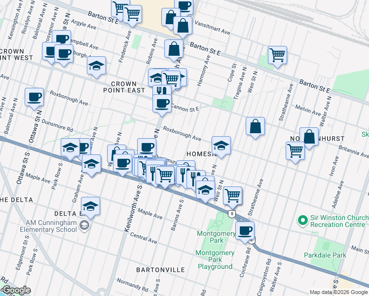 map of restaurants, bars, coffee shops, grocery stores, and more near 77 Cameron Avenue North in Hamilton