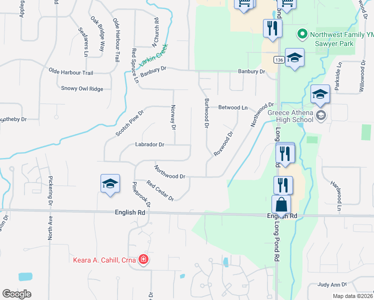map of restaurants, bars, coffee shops, grocery stores, and more near 241 Pinebrook Drive in Rochester