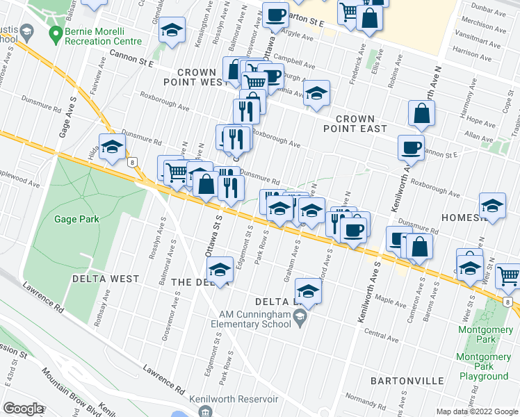 map of restaurants, bars, coffee shops, grocery stores, and more near 16 Edgemont Street North in Hamilton