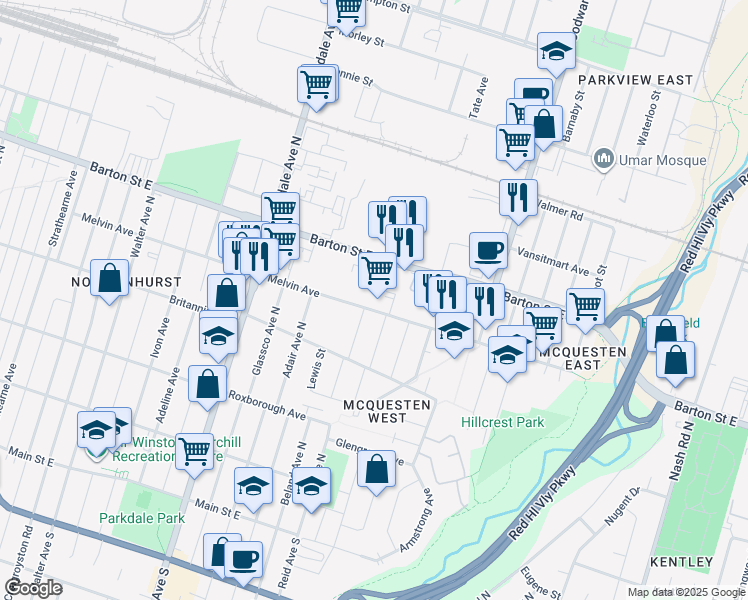 map of restaurants, bars, coffee shops, grocery stores, and more near 310 Melvin Avenue in Hamilton