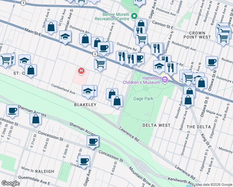 map of restaurants, bars, coffee shops, grocery stores, and more near in Hamilton