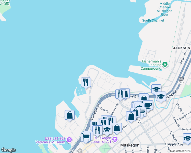 map of restaurants, bars, coffee shops, grocery stores, and more near in Muskegon