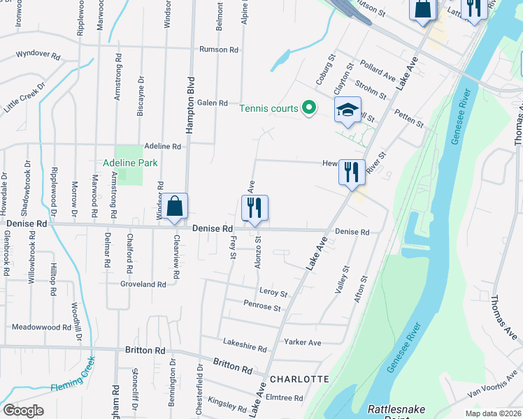 map of restaurants, bars, coffee shops, grocery stores, and more near 304 Denise Road in Rochester
