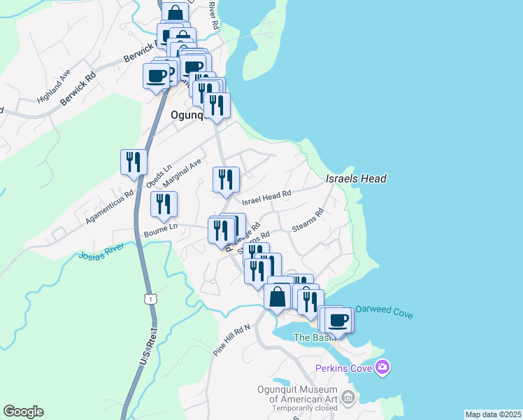 map of restaurants, bars, coffee shops, grocery stores, and more near 56 Ledge Road in Ogunquit