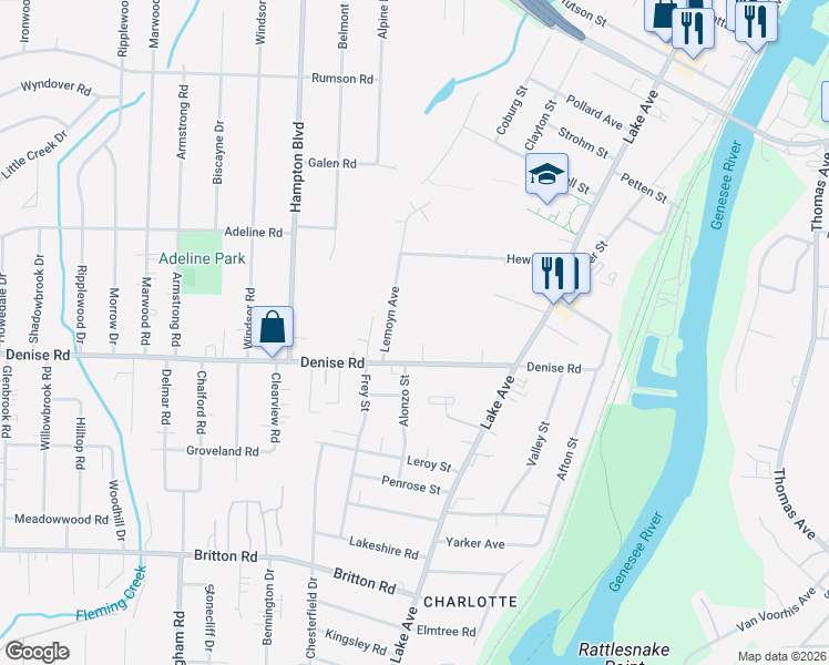 map of restaurants, bars, coffee shops, grocery stores, and more near 246 Denise Road in Rochester