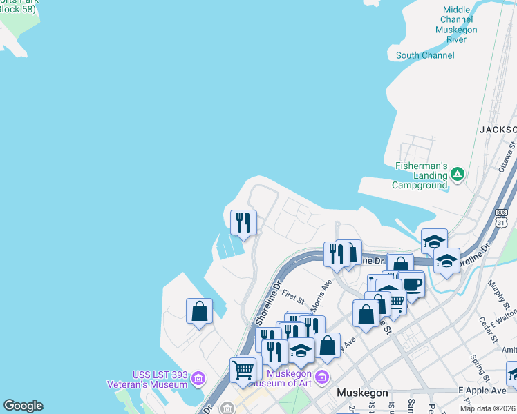 map of restaurants, bars, coffee shops, grocery stores, and more near in Muskegon