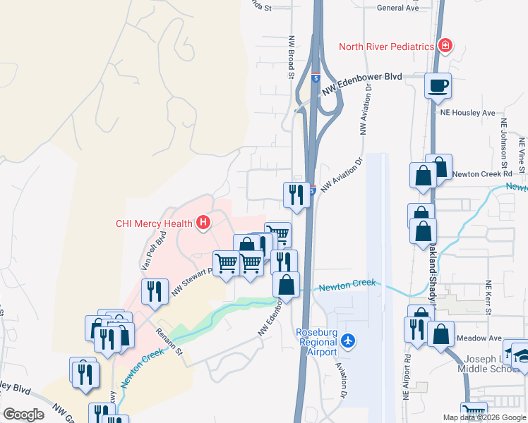 map of restaurants, bars, coffee shops, grocery stores, and more near 2706 Northwest Edenbower Boulevard in Roseburg