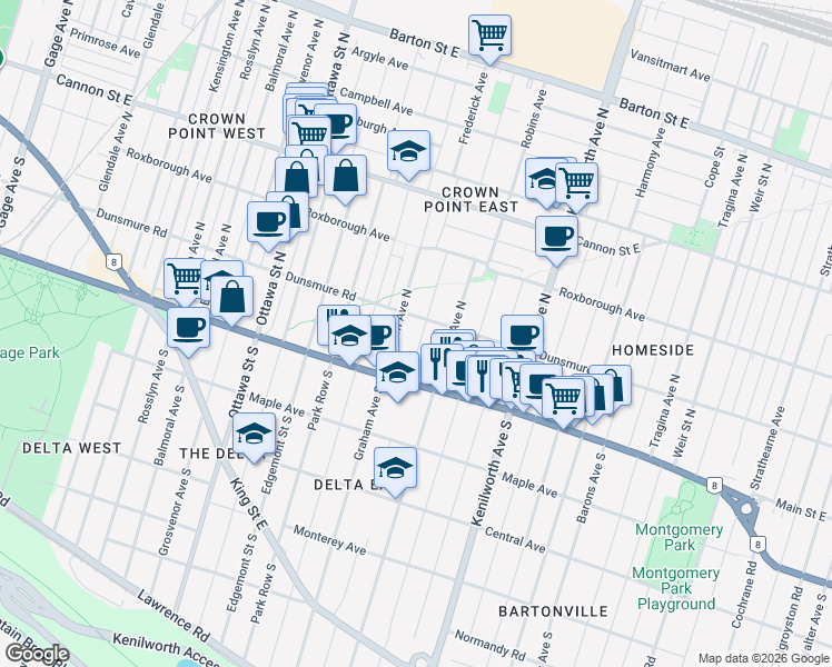 map of restaurants, bars, coffee shops, grocery stores, and more near 45 Houghton Avenue North in Hamilton