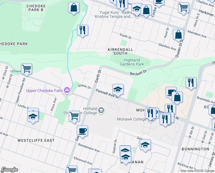 map of restaurants, bars, coffee shops, grocery stores, and more near 342 Fennell Avenue West in Hamilton