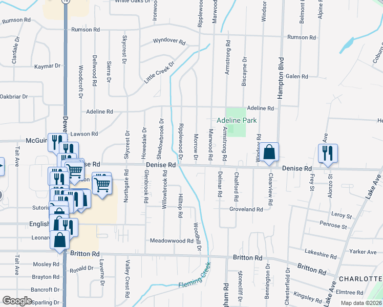 map of restaurants, bars, coffee shops, grocery stores, and more near 672 Denise Road in Rochester