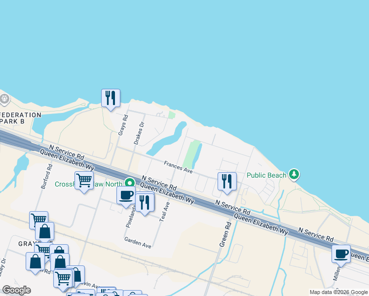 map of restaurants, bars, coffee shops, grocery stores, and more near 104 Teal Avenue in Hamilton