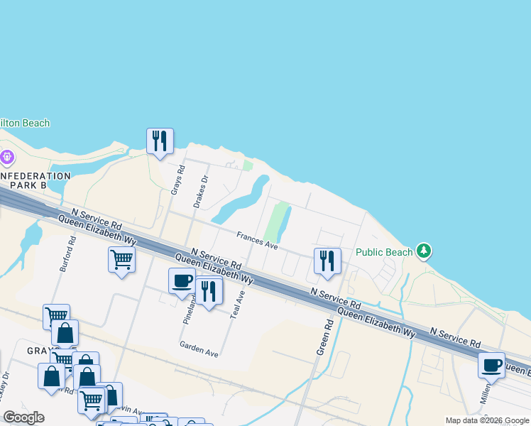 map of restaurants, bars, coffee shops, grocery stores, and more near 12 Church Street in Hamilton