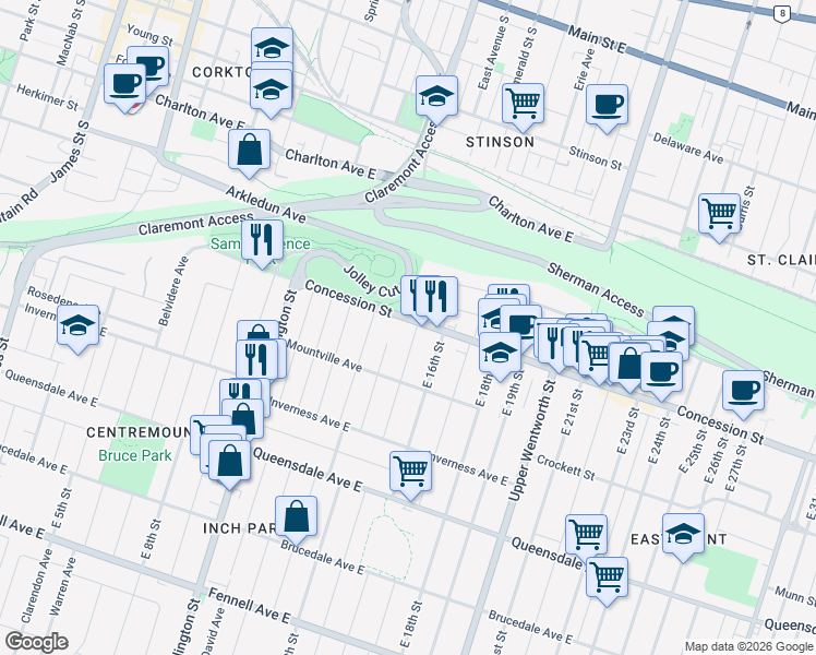 map of restaurants, bars, coffee shops, grocery stores, and more near 370 Concession Street in Hamilton
