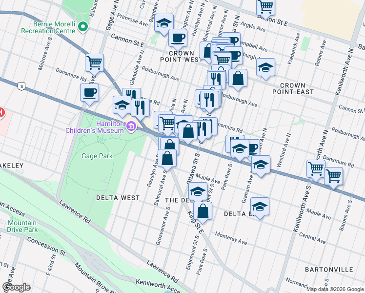 map of restaurants, bars, coffee shops, grocery stores, and more near 1160 Main Street East in Hamilton