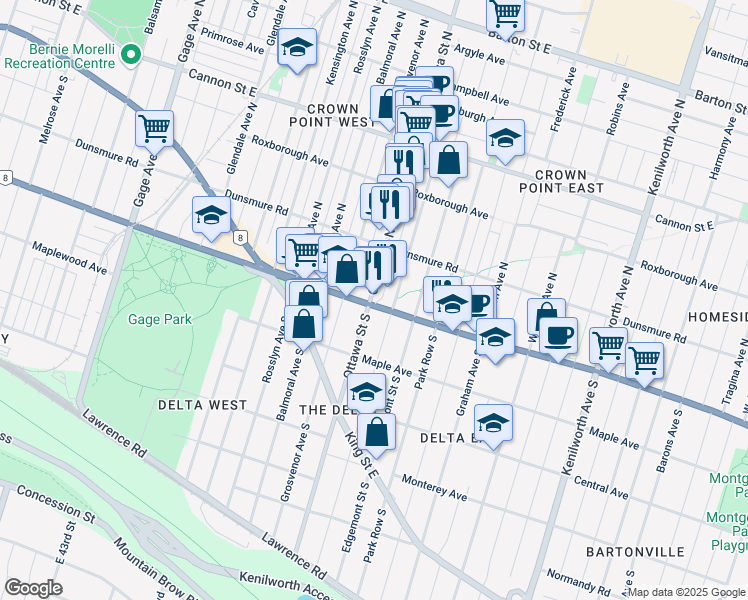 map of restaurants, bars, coffee shops, grocery stores, and more near 4 Ottawa Street North in Hamilton