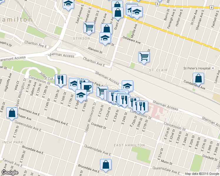 map of restaurants, bars, coffee shops, grocery stores, and more near 555 Concession Street in Hamilton