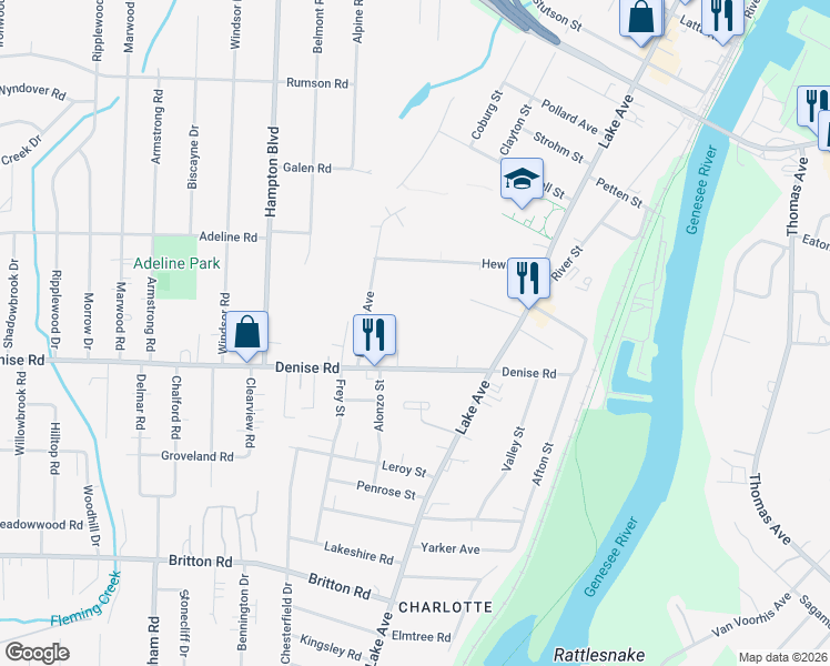 map of restaurants, bars, coffee shops, grocery stores, and more near 246 Denise Road in Rochester