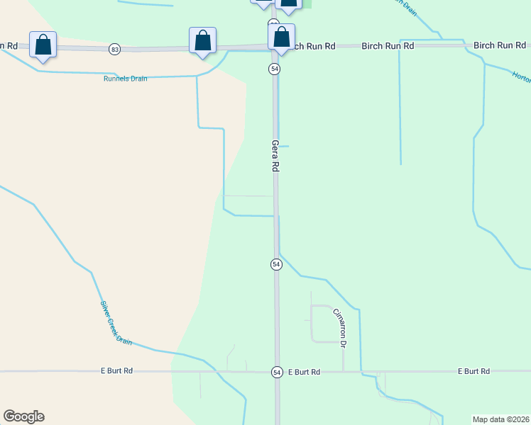map of restaurants, bars, coffee shops, grocery stores, and more near 12574 Gera Road in Birch Run