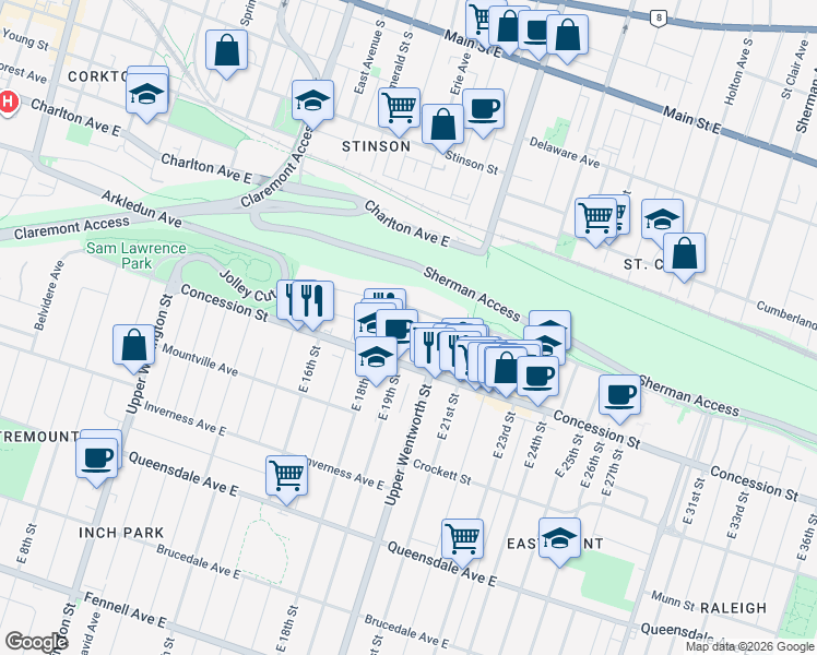 map of restaurants, bars, coffee shops, grocery stores, and more near 107 Alpine Avenue in Hamilton