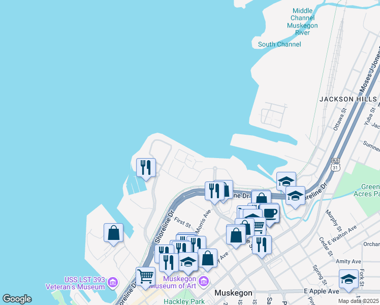 map of restaurants, bars, coffee shops, grocery stores, and more near 164 Viridian Drive in Muskegon