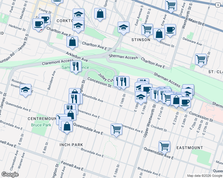 map of restaurants, bars, coffee shops, grocery stores, and more near in Hamilton
