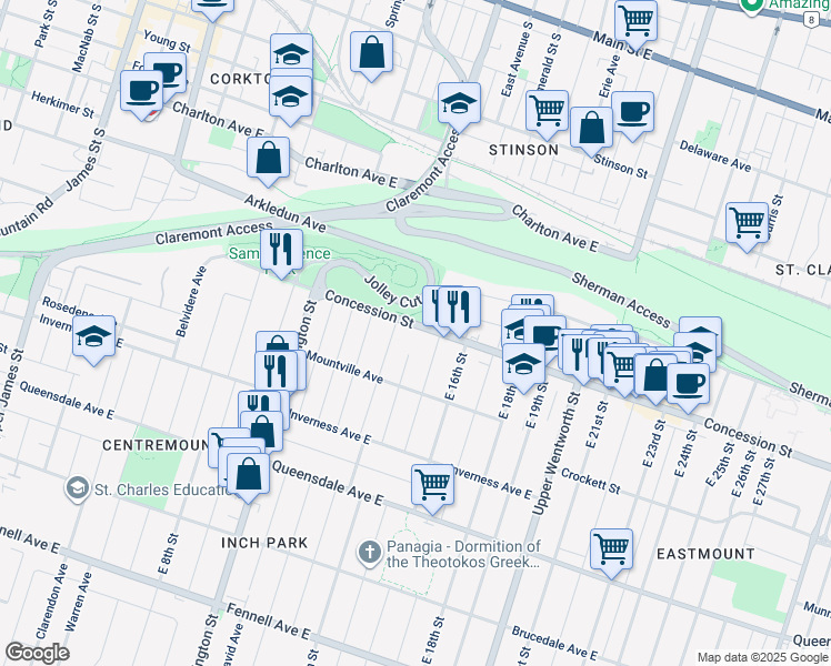 map of restaurants, bars, coffee shops, grocery stores, and more near 350 Concession Street in Hamilton