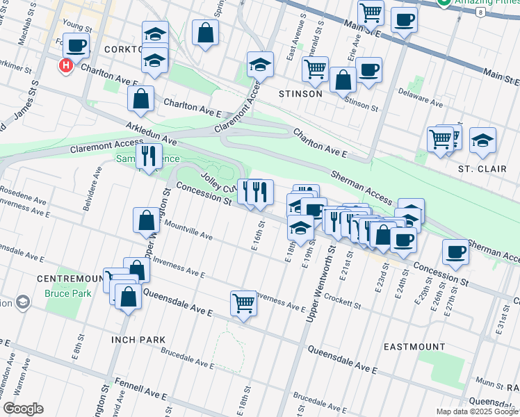 map of restaurants, bars, coffee shops, grocery stores, and more near 387 Concession Street in Hamilton