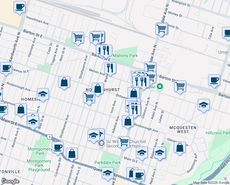 map of restaurants, bars, coffee shops, grocery stores, and more near 205 Ivon Avenue in Hamilton
