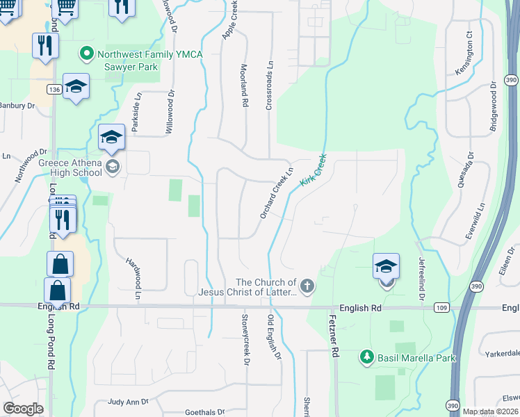 map of restaurants, bars, coffee shops, grocery stores, and more near 109 Orchard Creek Lane in Rochester