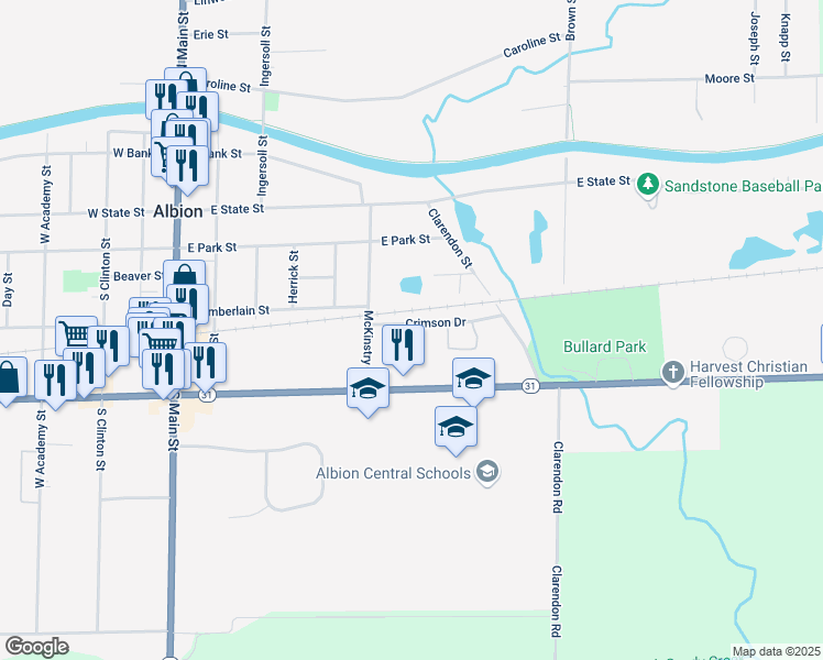 map of restaurants, bars, coffee shops, grocery stores, and more near 330 Crimson Drive in Albion