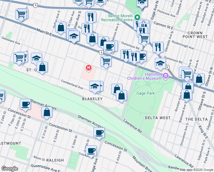 map of restaurants, bars, coffee shops, grocery stores, and more near 95 Afton Avenue in Hamilton