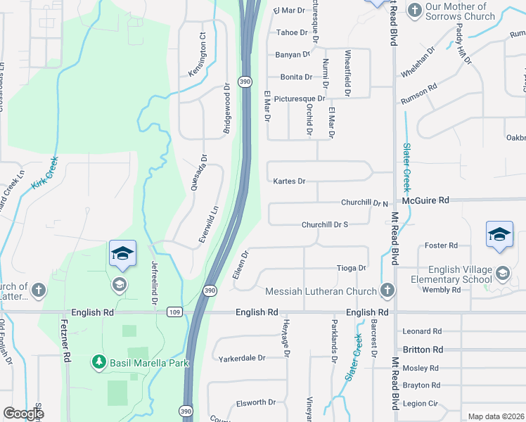 map of restaurants, bars, coffee shops, grocery stores, and more near 274 Churchill Drive North in Monroe County