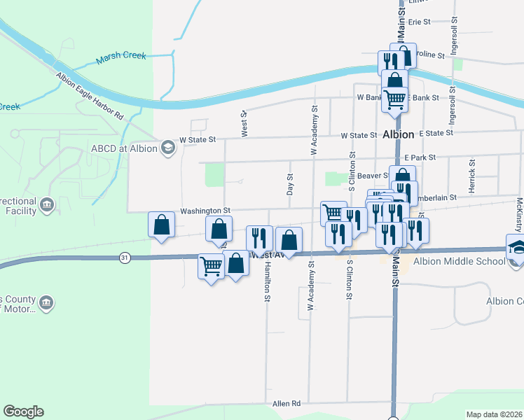 map of restaurants, bars, coffee shops, grocery stores, and more near 0 Hamilton Street in Albion