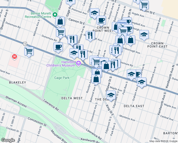 map of restaurants, bars, coffee shops, grocery stores, and more near 1316 King Street East in Hamilton