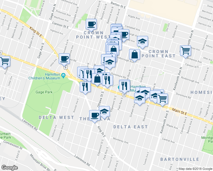 map of restaurants, bars, coffee shops, grocery stores, and more near 42 Ottawa Street North in Hamilton