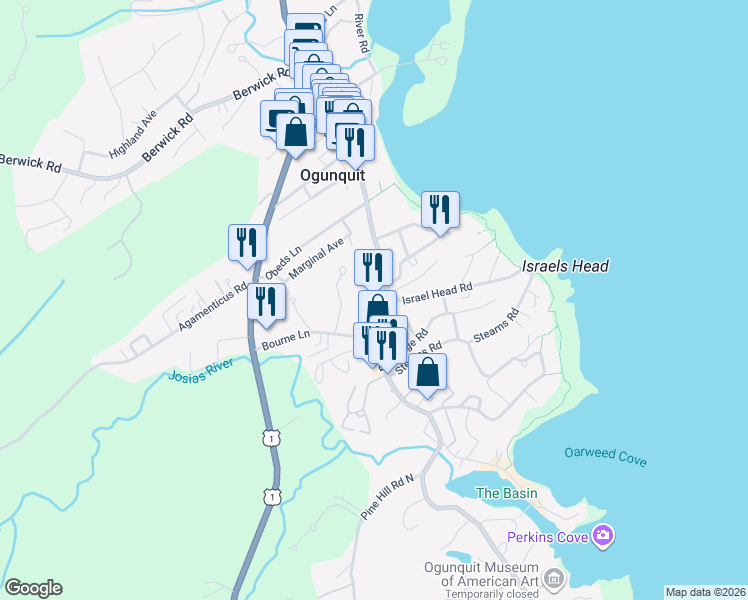 map of restaurants, bars, coffee shops, grocery stores, and more near 26 Morrison Lane in Ogunquit