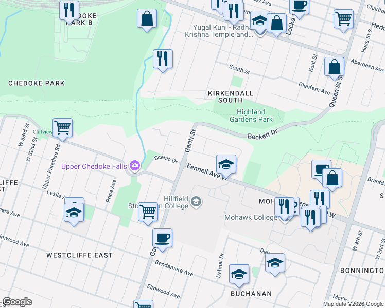 map of restaurants, bars, coffee shops, grocery stores, and more near 4 Braemar Place in Hamilton