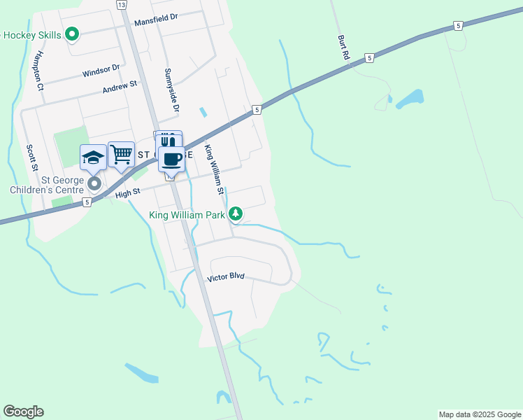 map of restaurants, bars, coffee shops, grocery stores, and more near 23 Russell Crescent in Saint George